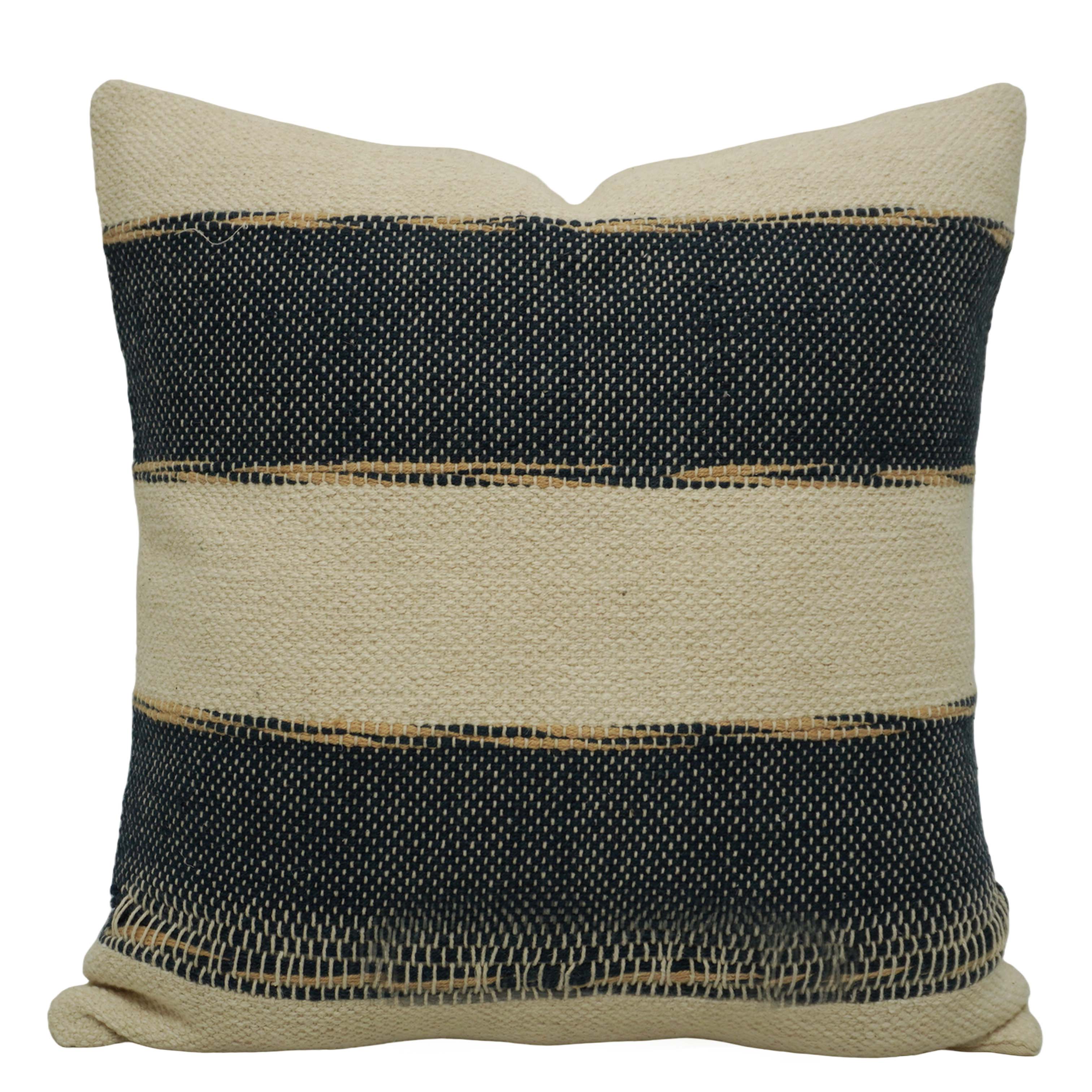 Handwoven Cotton Cushion Cover 45x45 cm | Black & Natural Striped Woven Throw Pillow Cover | Modern Boho Farmhouse Decorative Cushion Cover | Hidden Zipper
