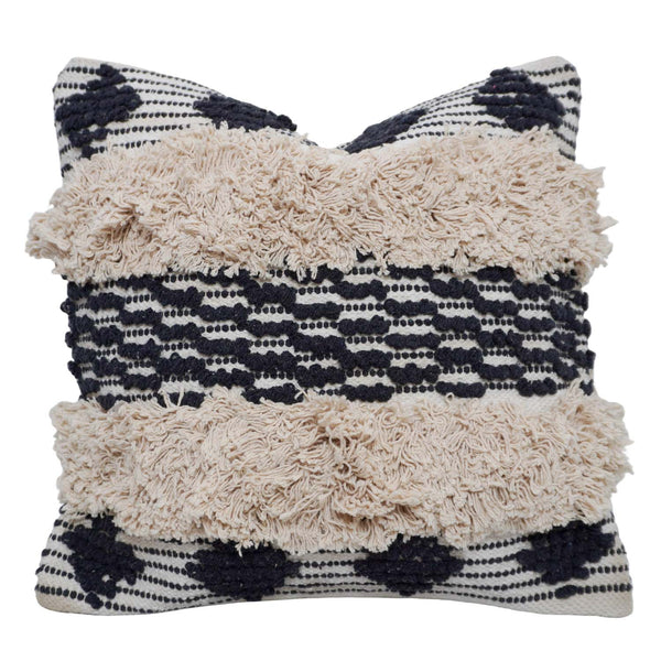 Handwoven Tufted Cotton Cushion Cover 45x45 cm | Black & Natural Textured Boho Throw Pillow Cover | Concealed Zip | Modern Decorative Cushion Cover