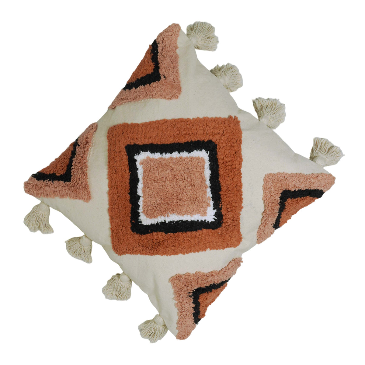 Hand Tufted Cotton Cushion Cover 45x45 cm – Geometric Diamond Design with Tassel Details, Rust & Blush