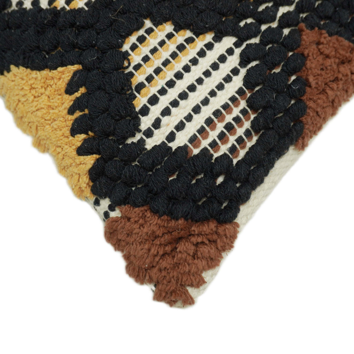 Handwoven Tufted Geometric Cushion Cover – Black, Mustard & Brown – 45 x 45 cm