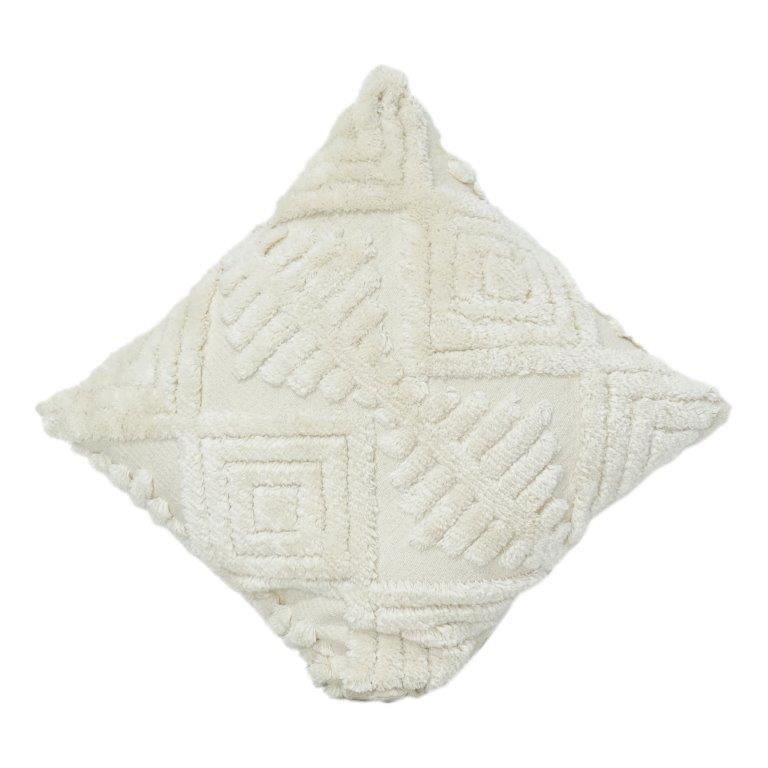 Hand Tufted Cotton Cushion Cover – Textured Geometric Boho Throw Pillow | Soft Ivory Decorative Cover 18x18 Inch - Bulk manufacturer & supplier from Panipat, India