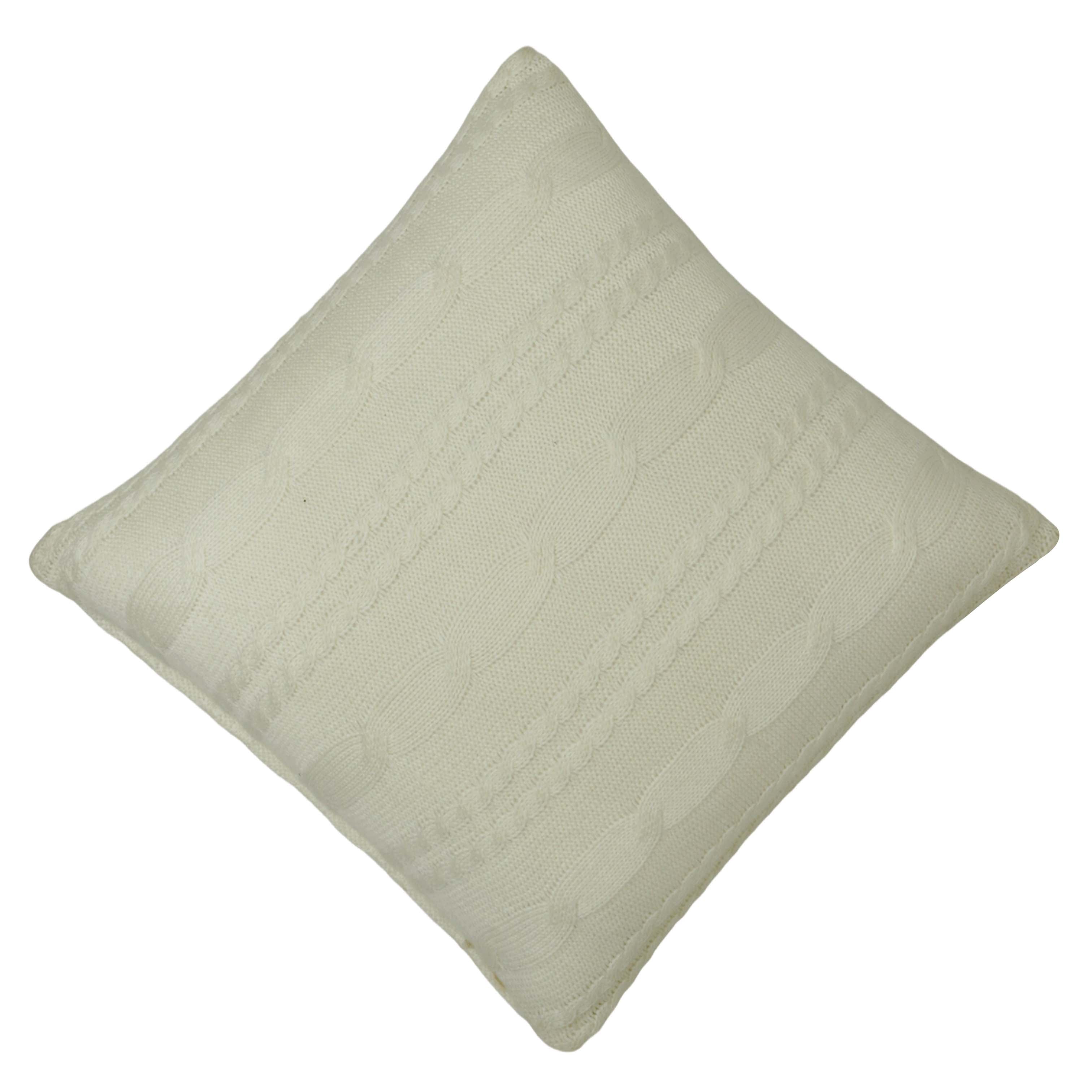 Hand Knitted Cotton Cushion Cover 45x45 cm | Cable Knit Decorative Throw Pillow Cover | Soft Textured Sofa & Bed Cushion Cover with Hidden Zipper | Ivory