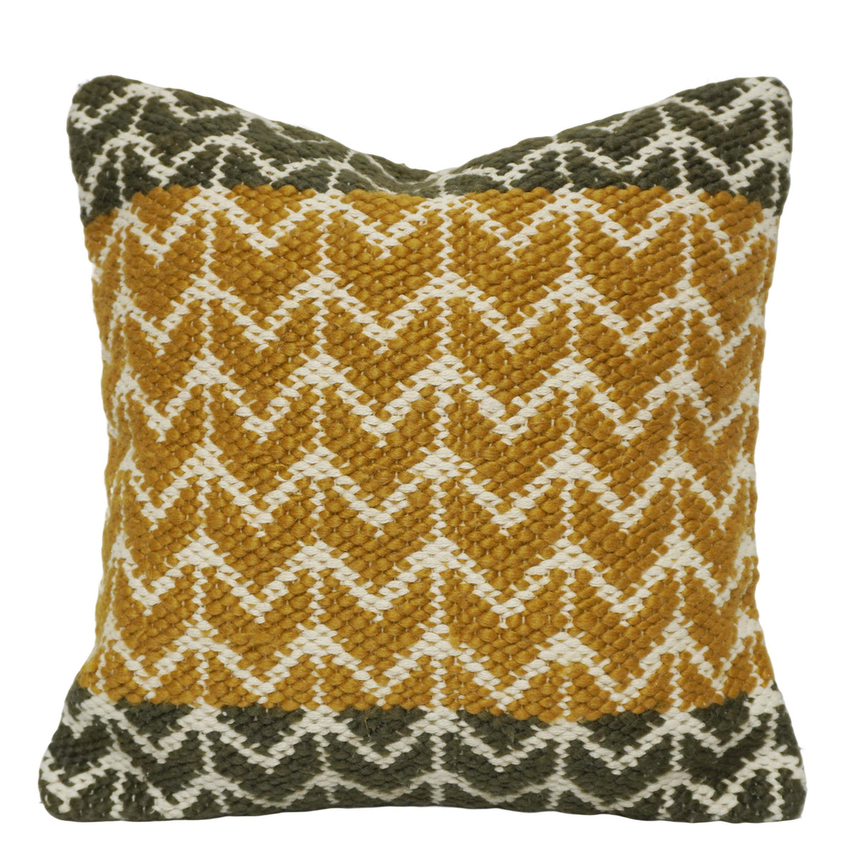 Handwoven Cotton Cushion Cover 45x45 cm | Geometric Woven Textured Throw Pillow Cover | Mustard, Olive & Ivory | Hidden Zipper | Boho Modern Home Décor