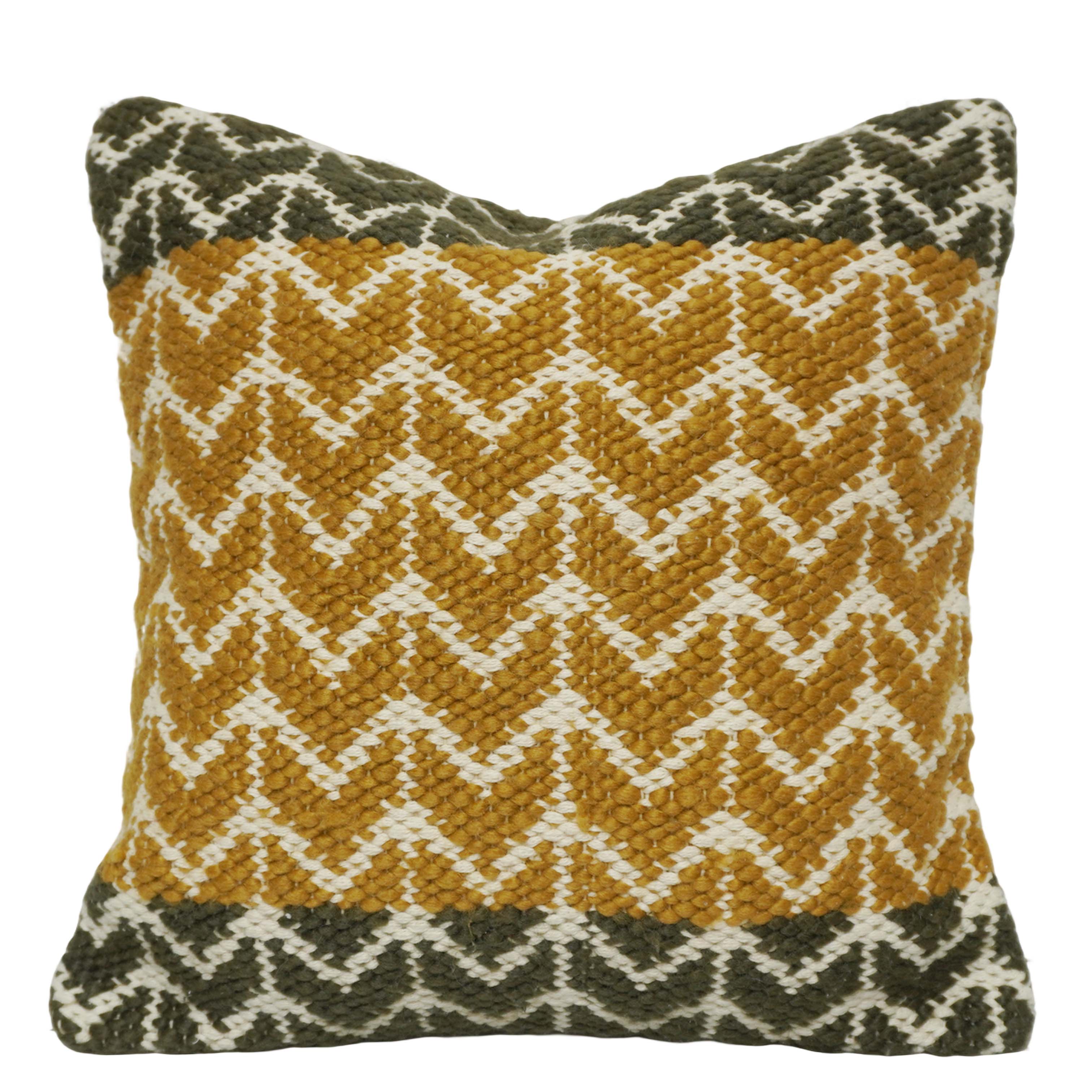 Handwoven Cotton Cushion Cover 45x45 cm | Geometric Woven Textured Throw Pillow Cover | Mustard, Olive & Ivory | Hidden Zipper | Boho Modern Home Décor
