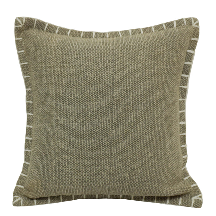Hand Embroidered Corner Stitch Cotton Cushion Cover 45x45 cm | Decorative Throw Pillow Cover with Contrast Hand Stitch Border | Hidden Zipper | Olive Green