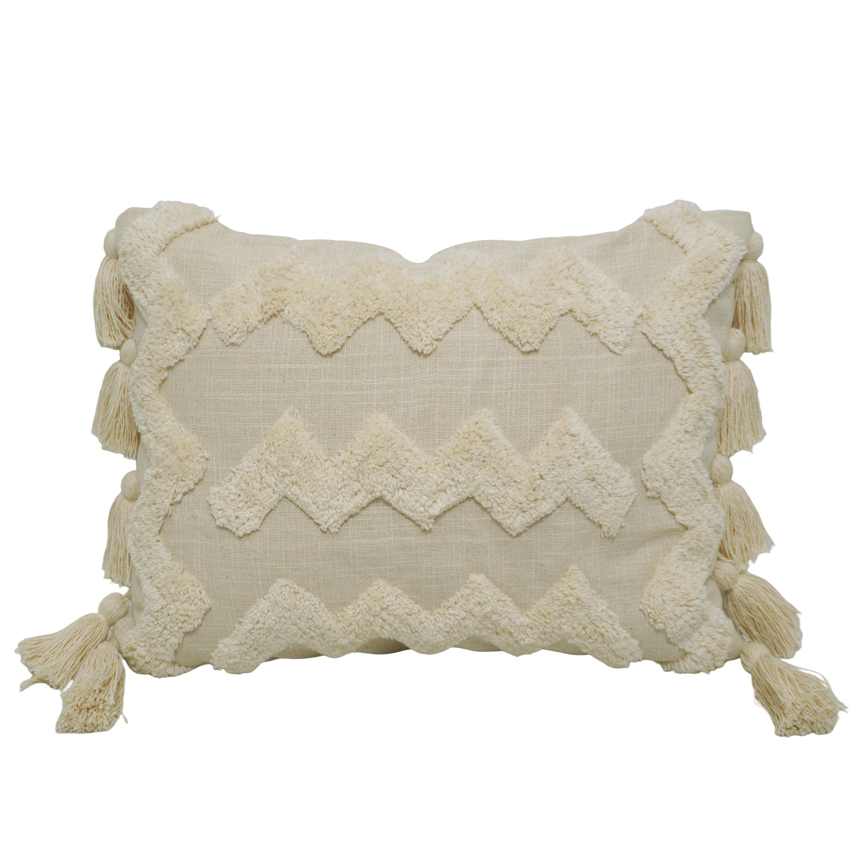 Handmade Tufted Cotton Cushion Cover with Tassels – Ivory Boho Geometric Design | Decorative Lumbar Pillow Cover | 35 x 50 cm