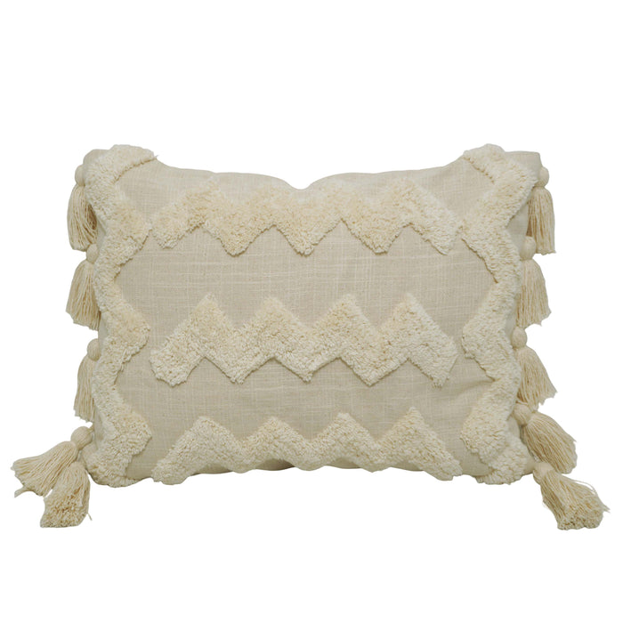 Handmade Tufted Cotton Cushion Cover with Tassels – Ivory Boho Geometric Design | Decorative Lumbar Pillow Cover | 35 x 50 cm