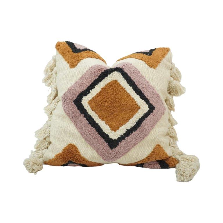 Tufted Geometric Cotton Cushion Cover with Tassels – 45x45 cm | Boho Abstract Decorative Pillow Cover - Bulk manufacturer & supplier from Panipat, India