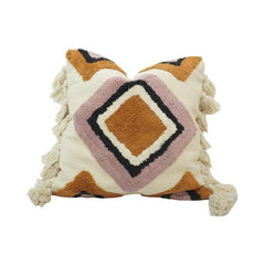 Tufted Geometric Cotton Cushion Cover with Tassels – 45x45 cm | Boho Abstract Decorative Pillow Cover
