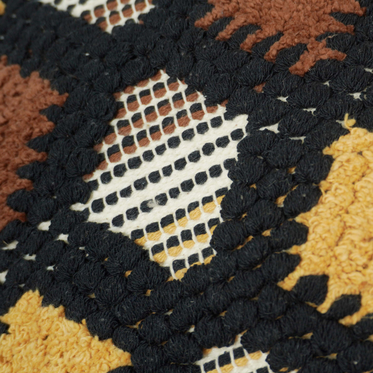 Handwoven Tufted Geometric Cushion Cover – Black, Mustard & Brown – 45 x 45 cm