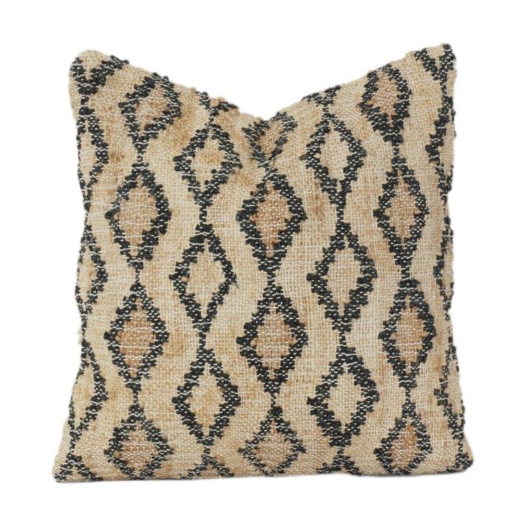 Handwoven Jute Cushion Cover with Geometric Diamond Pattern | Rustic Boho Textured Throw Pillow Cover | Neutral Beige & Black