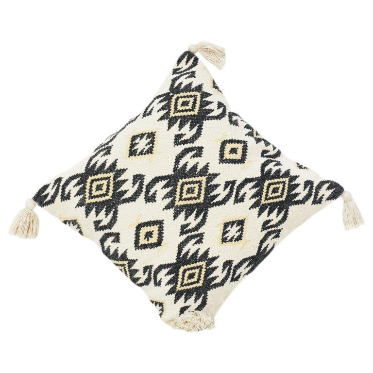 Handwoven Cotton Cushion Cover 45x45 cm | Black & Ivory Geometric Tribal Pattern | Boho Modern Decor Pillow Case