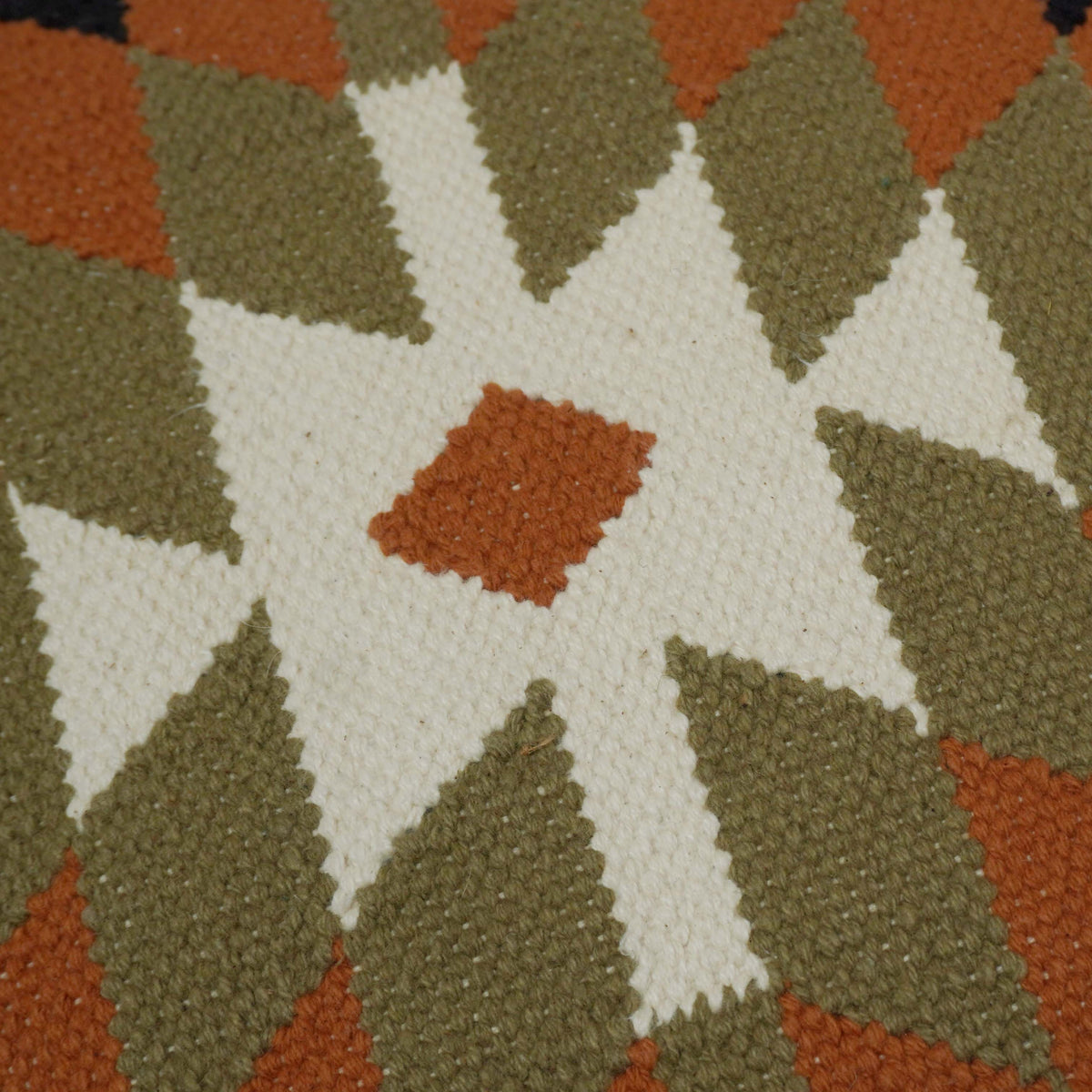 Handwoven Geometric Diamond Pattern Cotton Cushion Cover – Rust, Black, Olive & Ivory – 45 x 45 cm