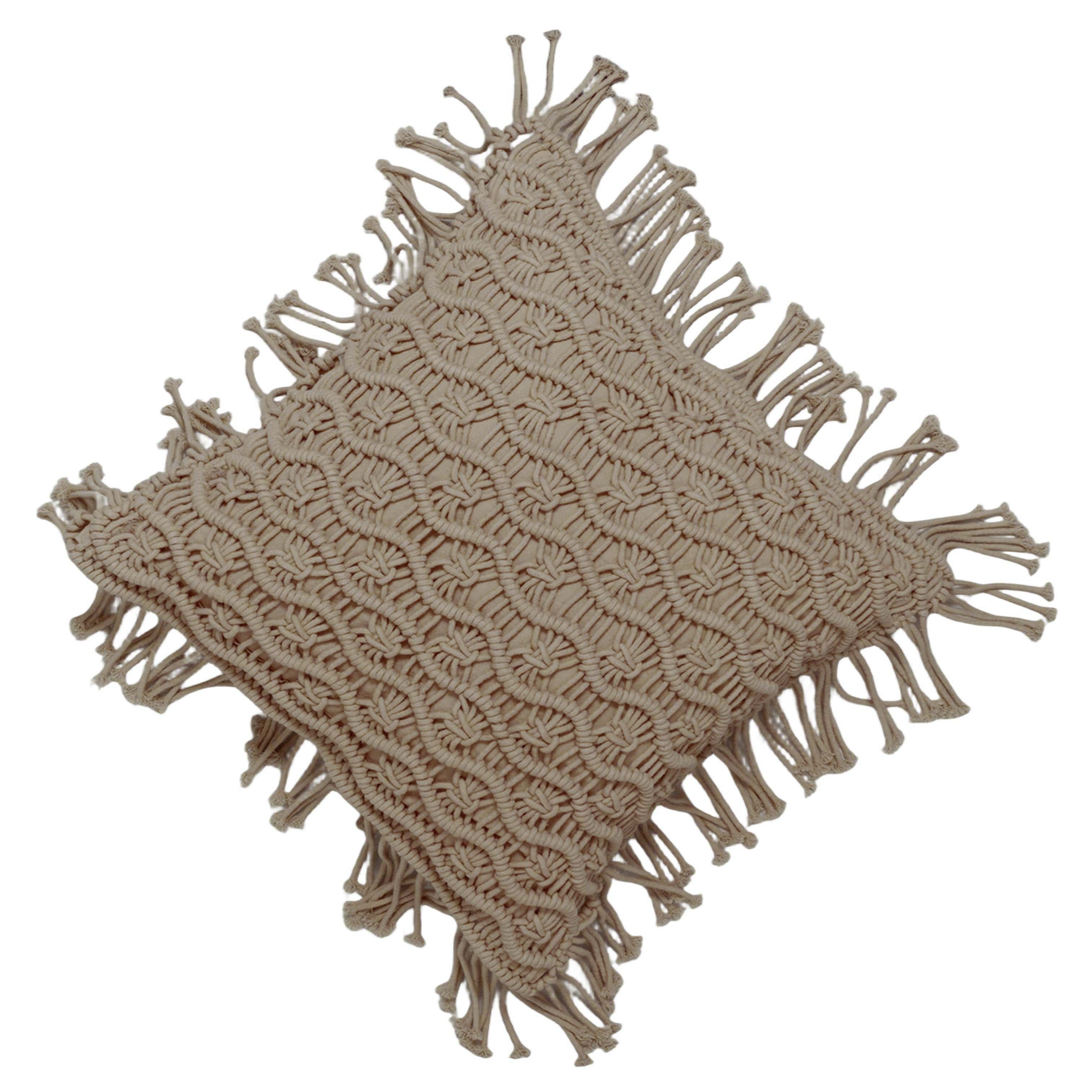 Handcrafted Macramé Cotton Cushion Cover 45x45 cm – Textured Boho Fringe Pillow Cover