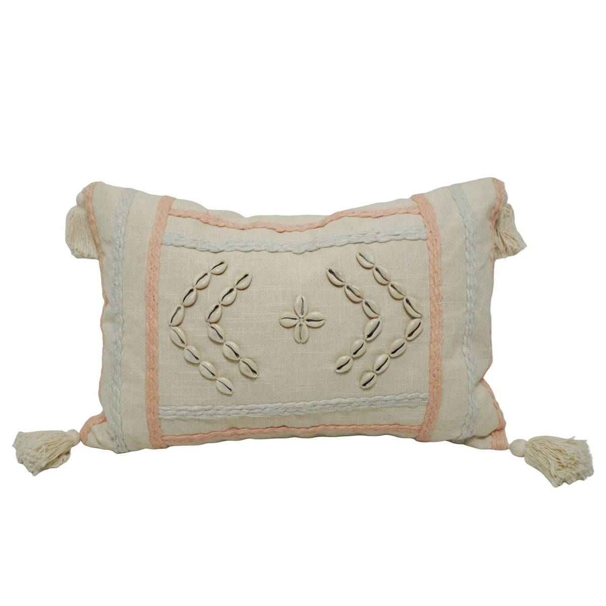 Handcrafted Cotton Cushion Cover with Shell Embellishments & Tassels | Decorative Lumbar Cushion Cover | 35 x 50 cm | Hidden Zipper