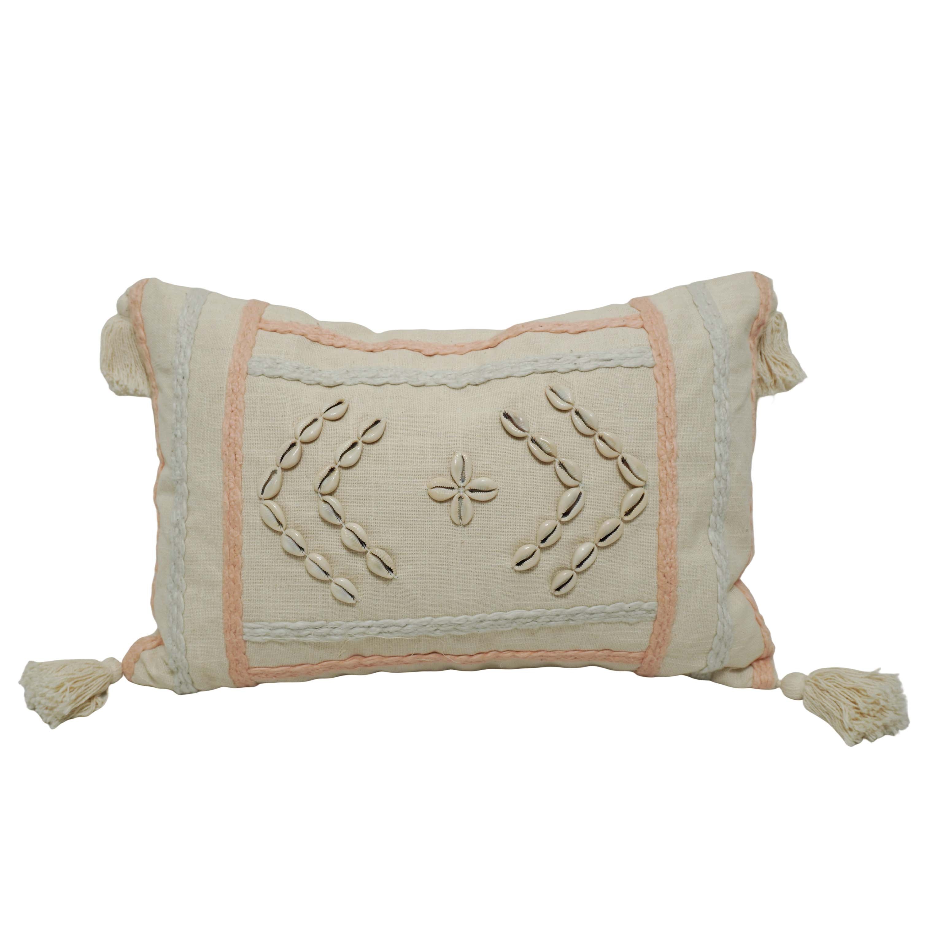 Handcrafted Cotton Cushion Cover with Shell Embellishments & Tassels | Decorative Lumbar Cushion Cover | 35 x 50 cm | Hidden Zipper