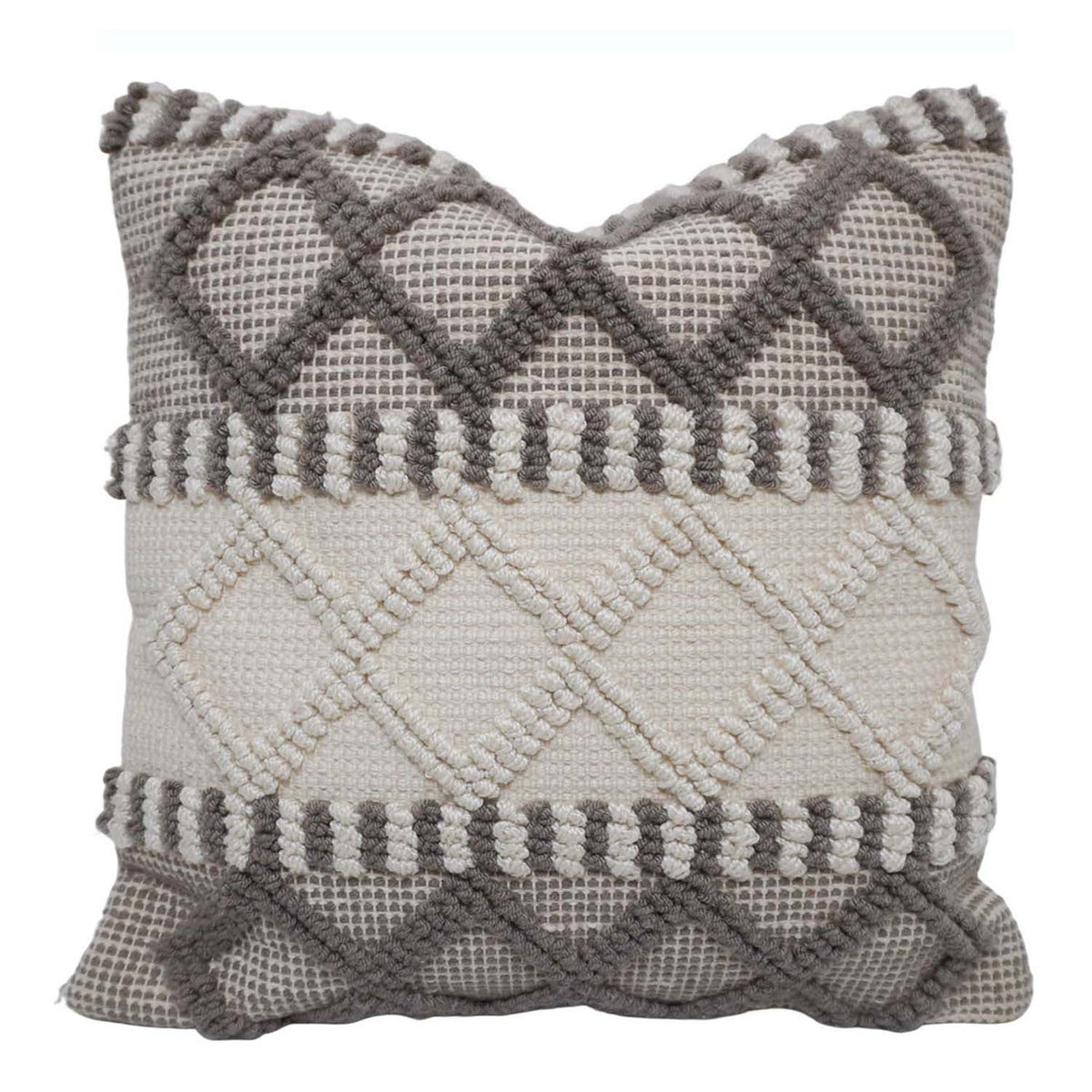 Handwoven Textured Polyester Cushion Cover 45x45 cm | Geometric Tufted Boho Decorative Throw Pillow Cover | Hidden Zipper | Grey & Ivory - Bulk manufacturer & supplier from Panipat, India