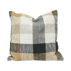 Handwoven Checkered Cotton Cushion Cover 45x45 cm | Beige, Ivory & Charcoal Plaid Decorative Pillow Cover
