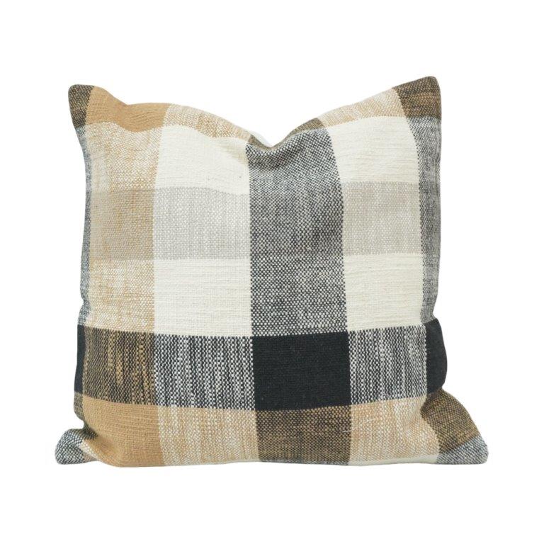 Handwoven Checkered Cotton Cushion Cover 45x45 cm | Beige, Ivory & Charcoal Plaid Decorative Pillow Cover