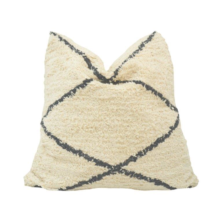 Handmade Moroccan Tufted Cotton Cushion Cover 45x45 cm | Cream & Black Geometric Pattern | Boho Decorative Pillow Cover