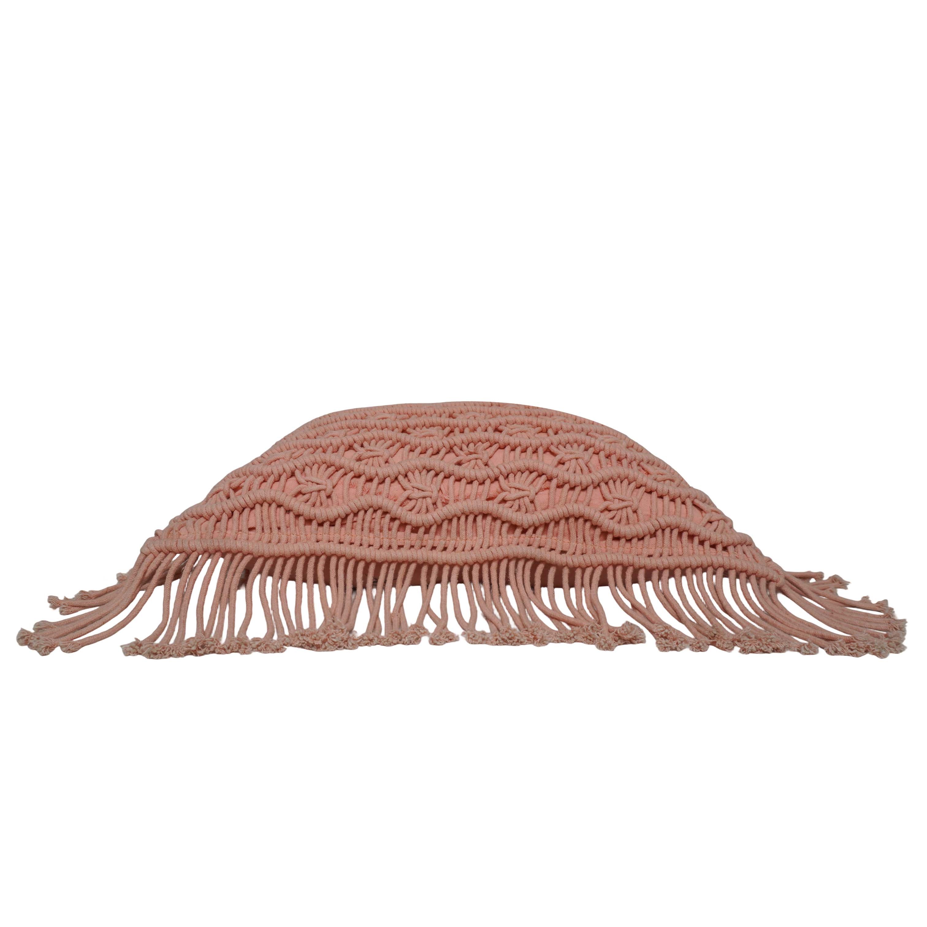 Handwoven Macramé Cotton Cushion Cover with Fringe | Boho Decorative Throw Pillow Cover | 45 x 45 cm | Blush Pink