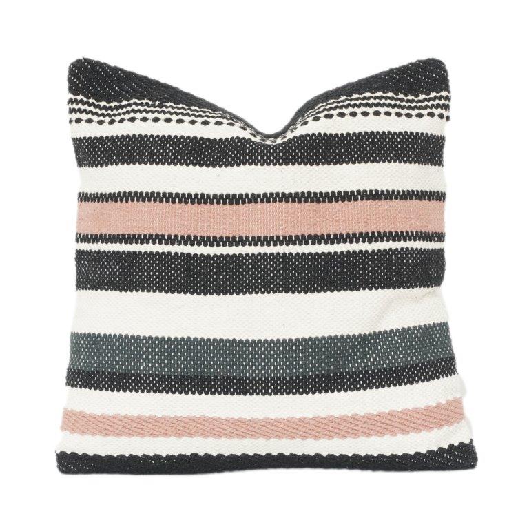 Woven Striped Cotton Cushion Cover | Textured Boho Black, Beige & Blush Pillow Case | 18x18 Inch Decorative Throw Cushion - Bulk manufacturer & supplier from Panipat, India