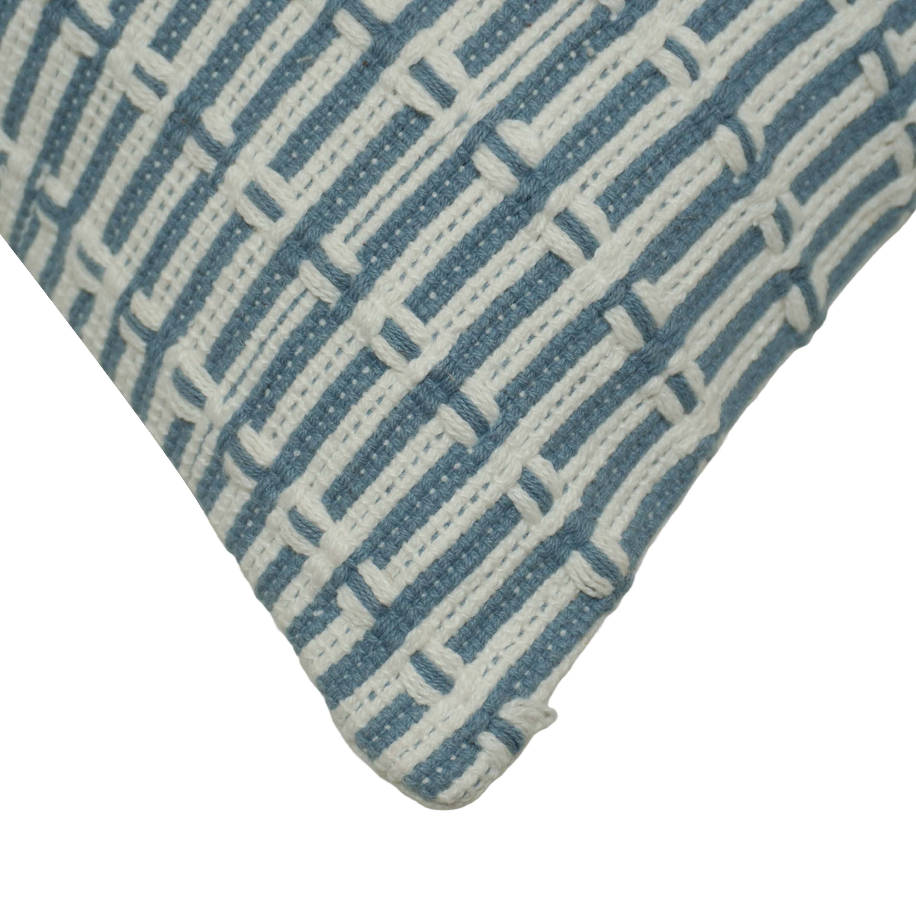 Handwoven Cotton Cushion Cover 45x45 cm | Blue & Ivory Geometric Woven Design | Decorative Throw Pillow Cover with Hidden Zipper | Modern Home Décor