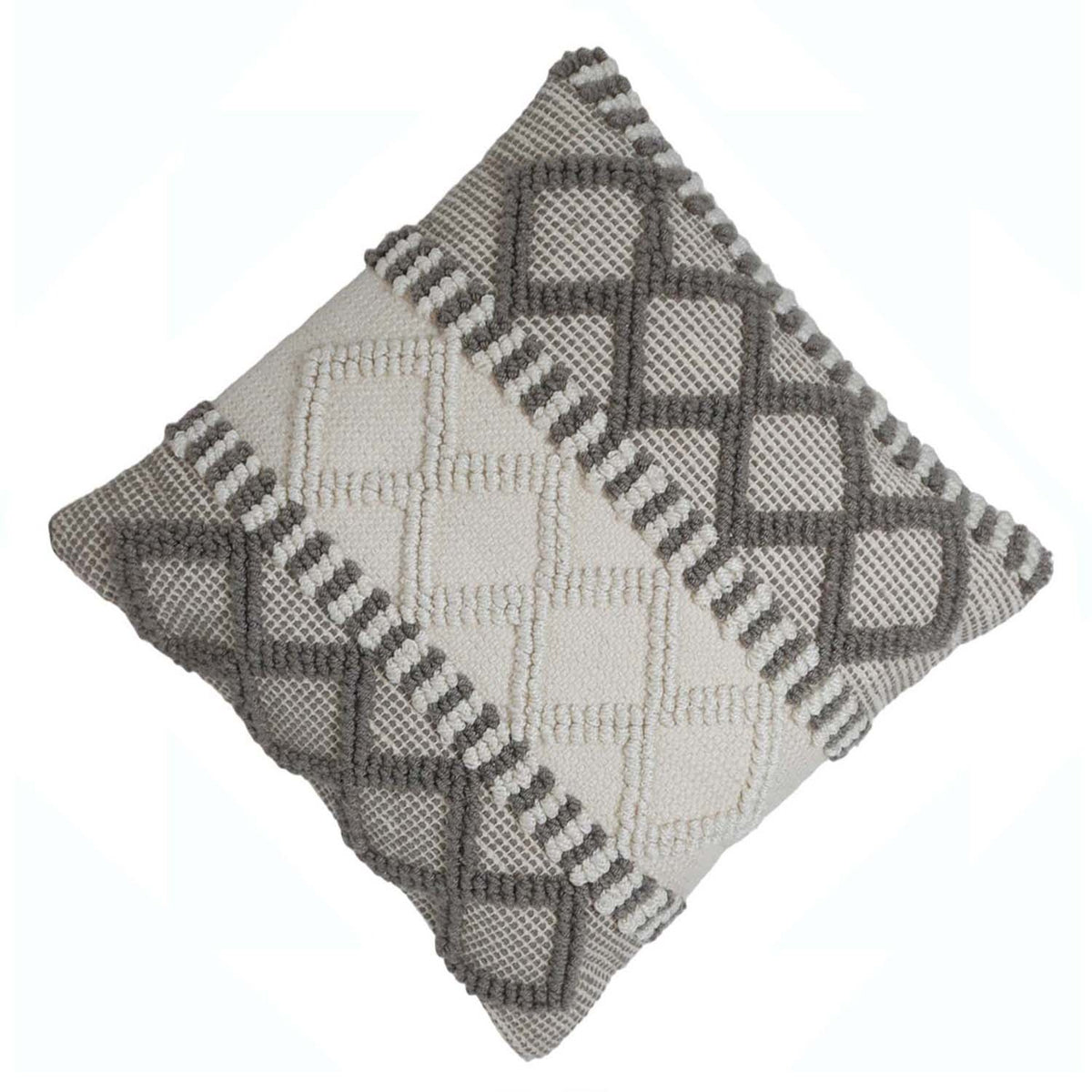 Handwoven Textured Polyester Cushion Cover 45x45 cm | Geometric Tufted Boho Decorative Throw Pillow Cover | Hidden Zipper | Grey & Ivory - Bulk manufacturer & supplier from Panipat, India