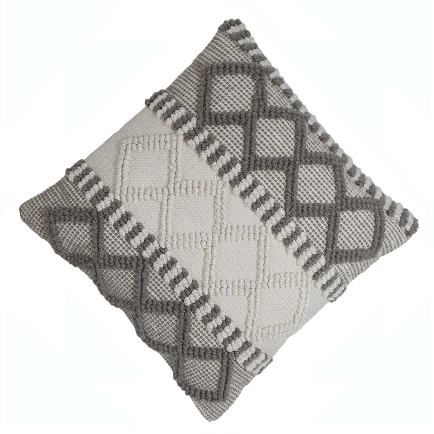 Handwoven Textured Polyester Cushion Cover 45x45 cm | Geometric Tufted Boho Decorative Throw Pillow Cover | Hidden Zipper | Grey & Ivory