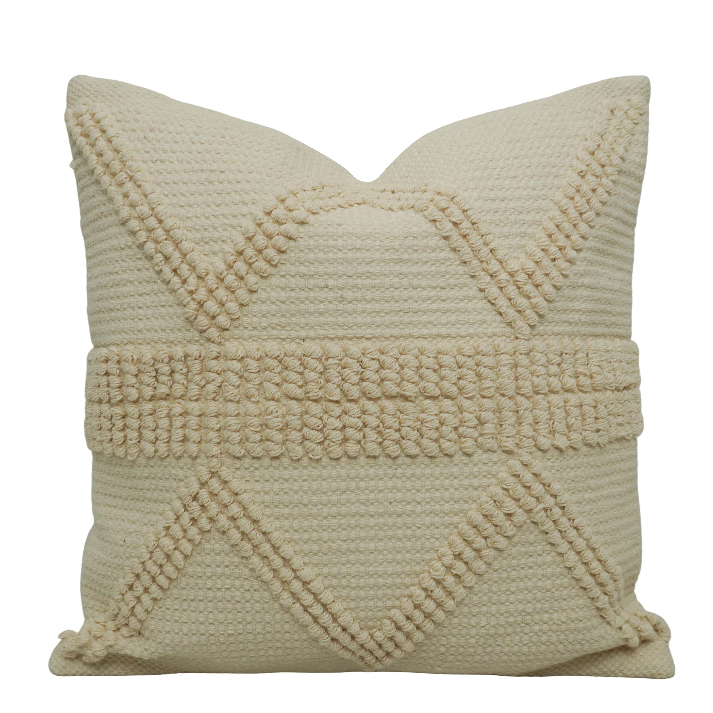 Handwoven Cotton Textured Cushion Cover 45x45 cm | Ivory Boho Geometric Tufted Throw Pillow Cover | Handmade Decorative Sofa Cushion with Hidden Zip