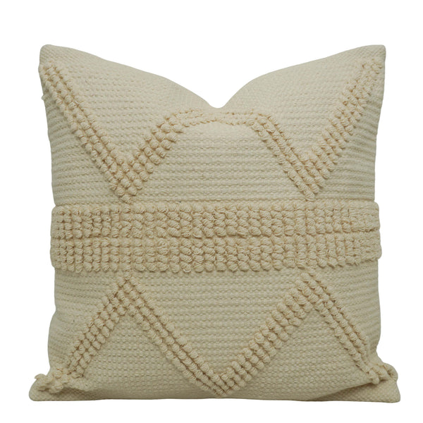 Handwoven Cotton Textured Cushion Cover 45x45 cm | Ivory Boho Geometric Tufted Throw Pillow Cover | Handmade Decorative Sofa Cushion with Hidden Zip