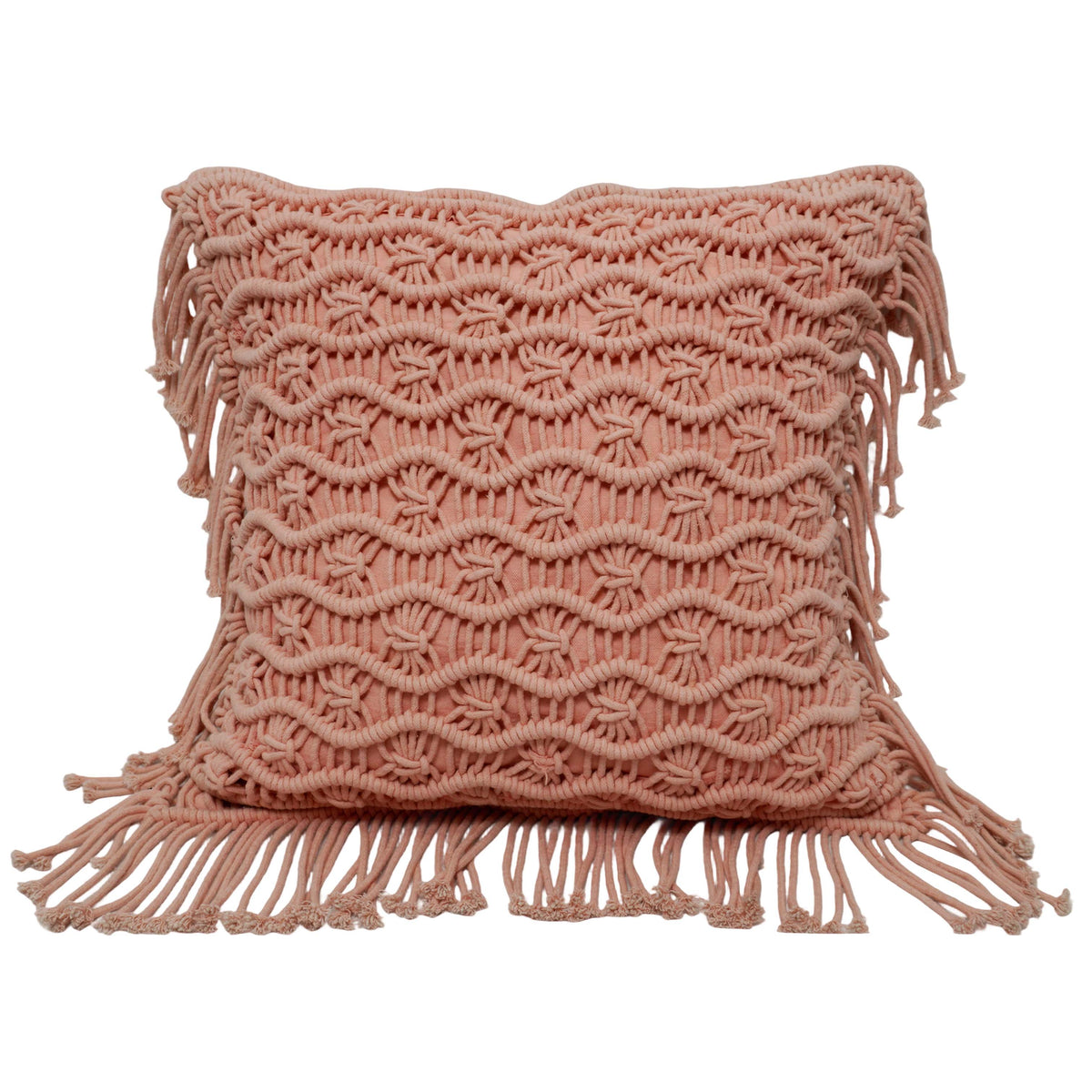 Handwoven Macramé Cotton Cushion Cover with Fringe | Boho Decorative Throw Pillow Cover | 45 x 45 cm | Blush Pink