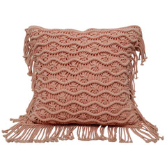 Handwoven Macramé Cotton Cushion Cover with Fringe | Boho Decorative Throw Pillow Cover | 45 x 45 cm | Blush Pink