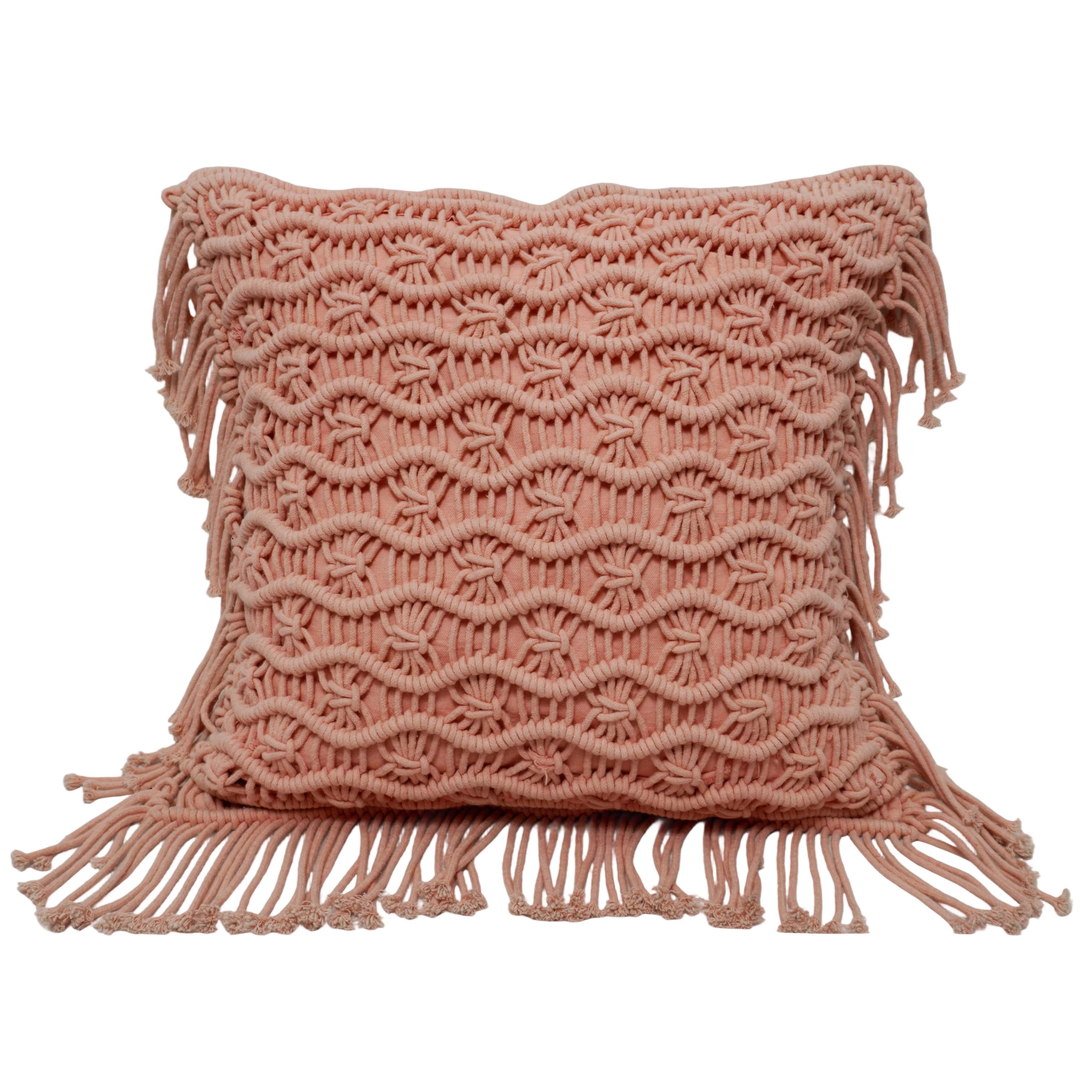 Handwoven Macramé Cotton Cushion Cover with Fringe | Boho Decorative Throw Pillow Cover | 45 x 45 cm | Blush Pink