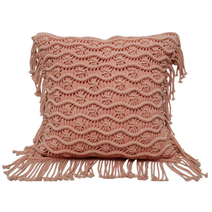 Blush Pink Macramé Wave-Knot Cotton Fringe Cushion Cover 45x45 cm