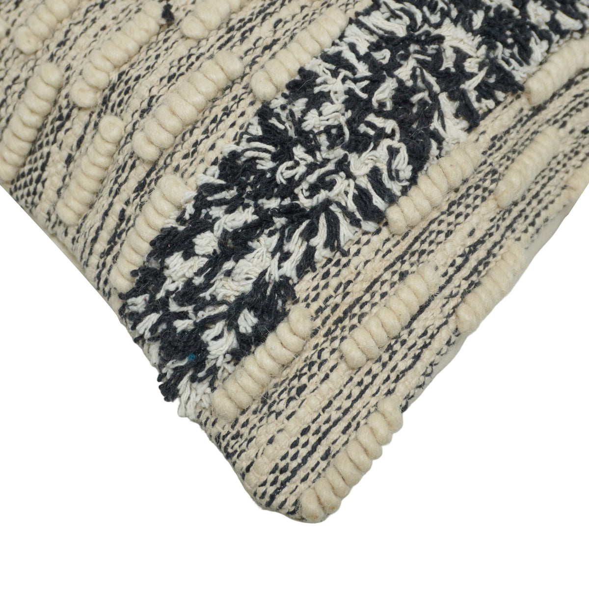Handwoven Wool & Cotton Textured Cushion Cover 45x45 cm | Black & Ivory Boho Decorative Throw Pillow Cover | Artisan Woven Home Décor