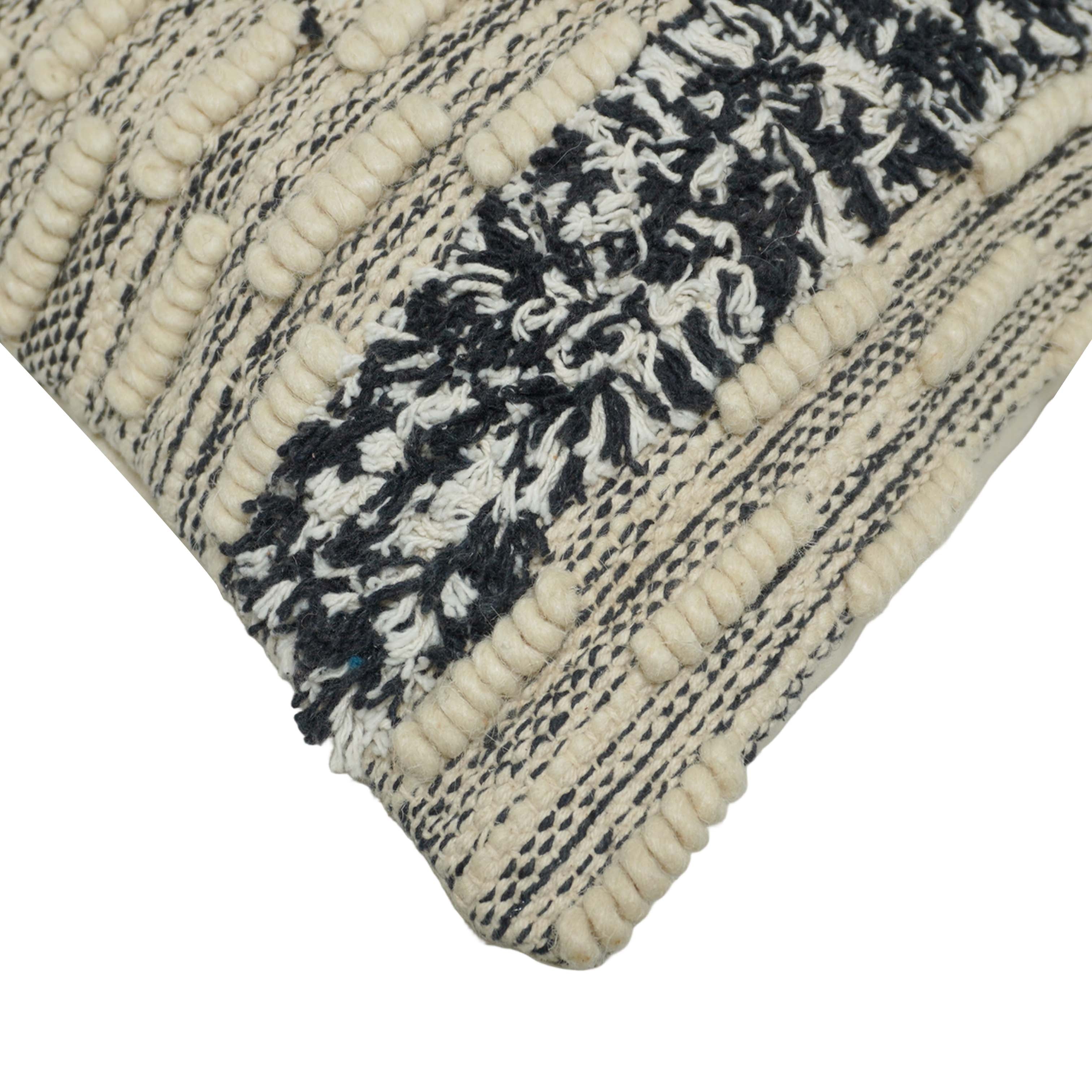 Handwoven Wool & Cotton Textured Cushion Cover 45x45 cm | Black & Ivory Boho Decorative Throw Pillow Cover | Artisan Woven Home Décor
