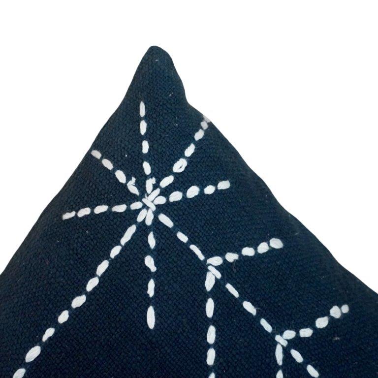 Hand Embroidered Cotton Cushion Cover 45x45 cm | Geometric Stitch Design | Navy Blue Decorative Pillow Cover - Bulk manufacturer & supplier from Panipat, India