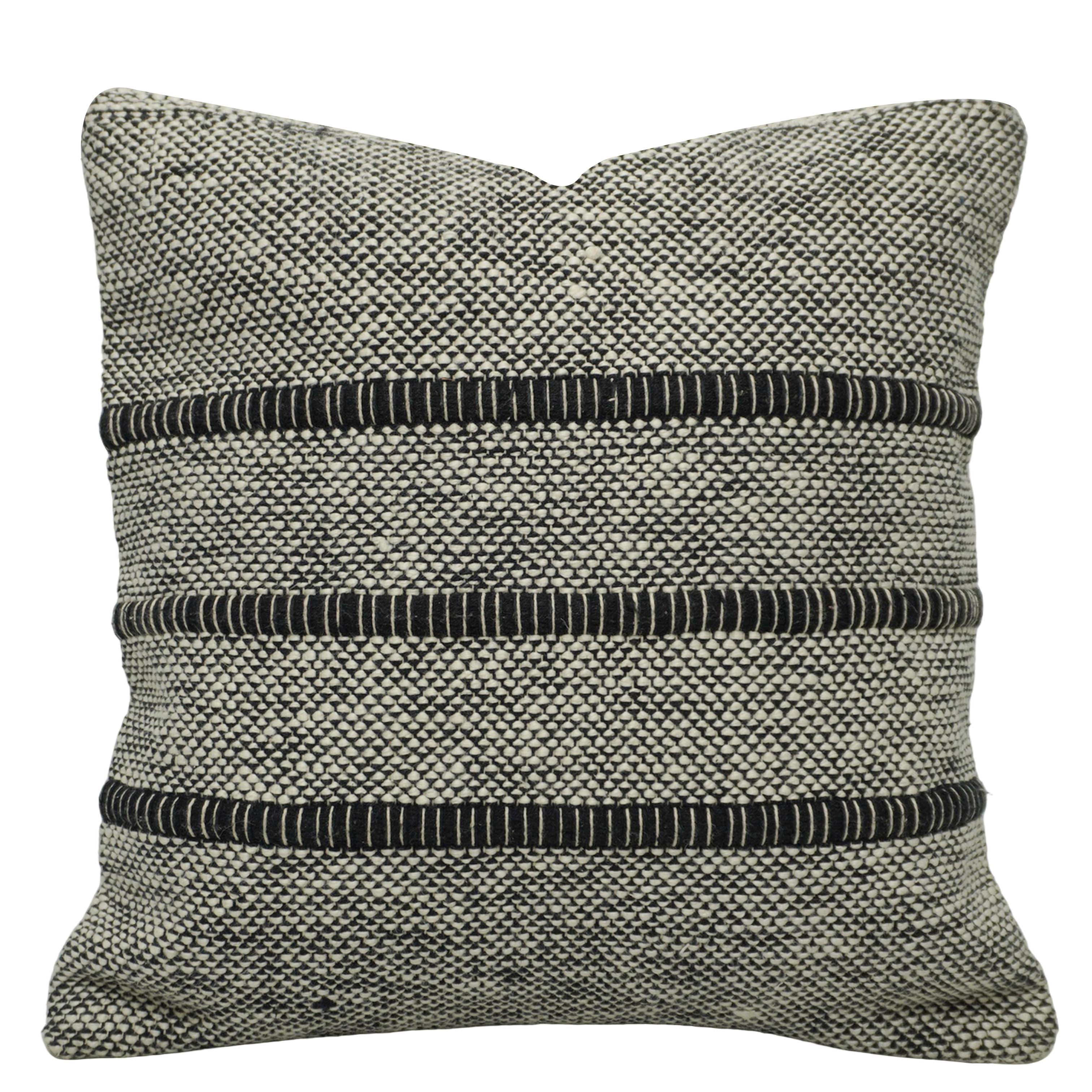 Handwoven Cotton Cushion Cover 45x45 cm | Black & Ivory Textured Woven Decorative Pillow Cover | Modern Boho Sofa Cushion Cover with Hidden Zipper
