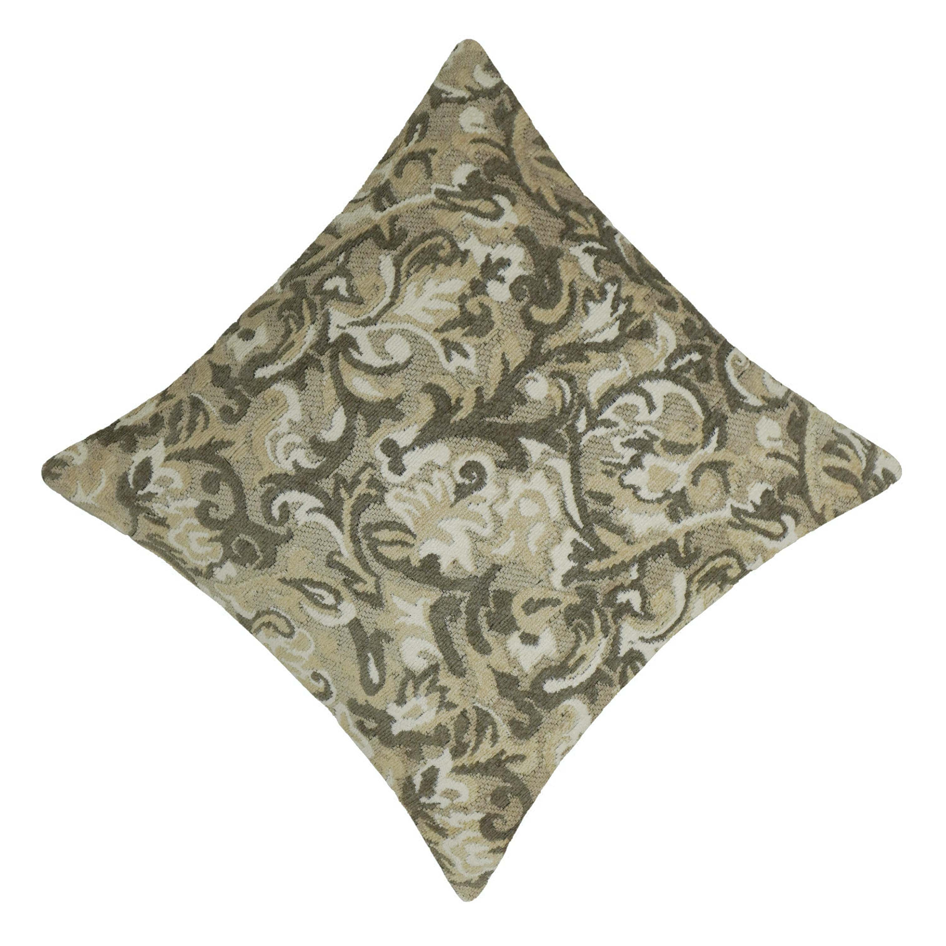 Beige and olive floral damask handwoven jacquard cushion cover 45x45 cm