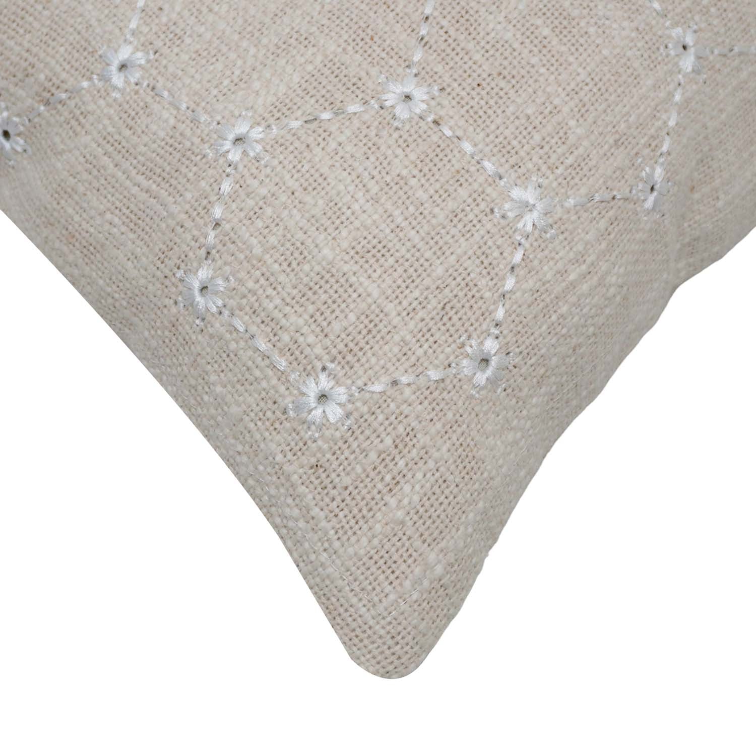 Machine Embroidered Cotton Cushion Cover 45x45 cm | Geometric Diamond Pattern | Decorative Throw Pillow Cover with Concealed Zipper | Natural Beige | 18x18 Inch