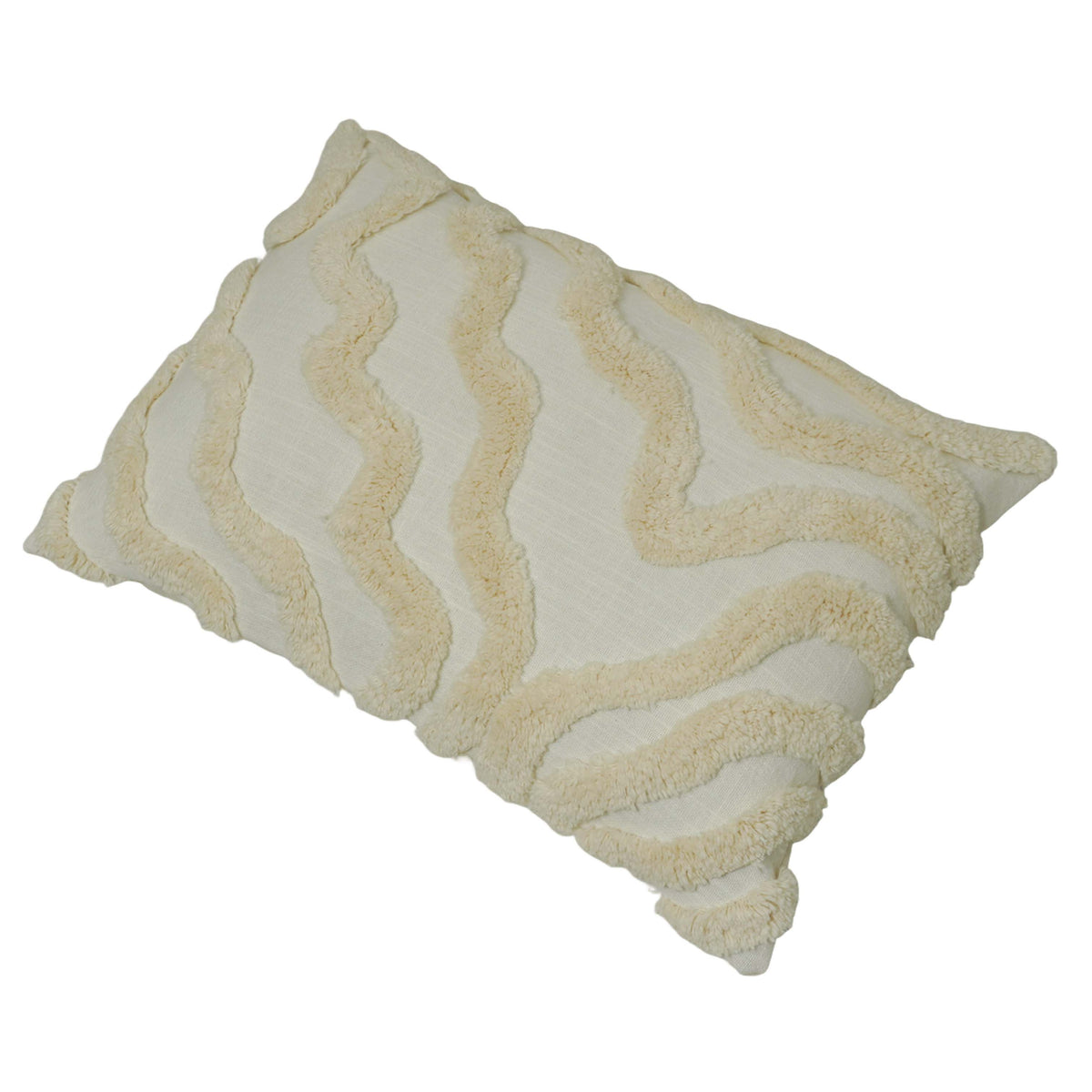 Handmade Tufted Cotton Cushion Cover 35x50 cm | Abstract Wave Textured Lumbar Pillow Cover | Cream Boho Decorative Cushion Cover with Hidden Zipper