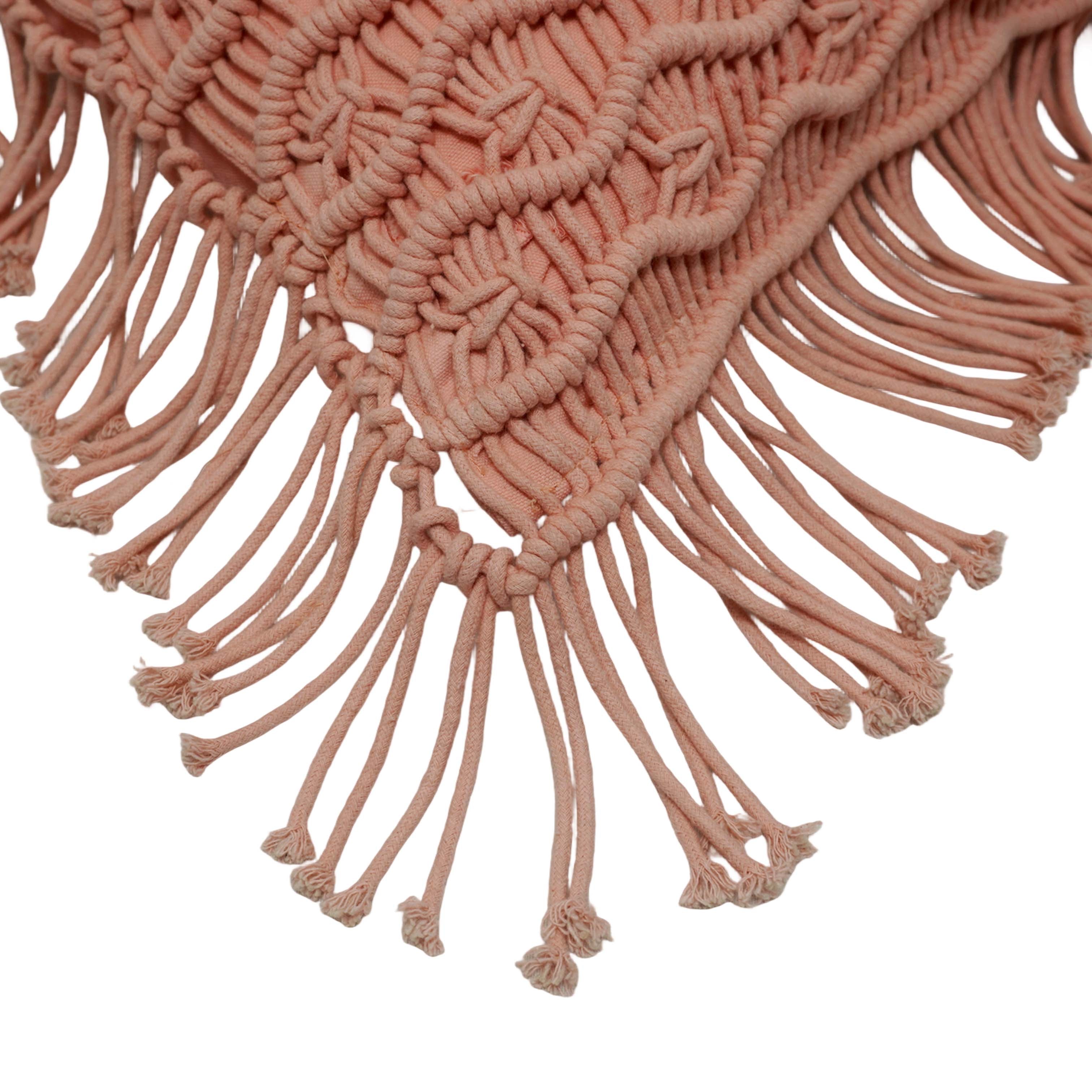 Handwoven Macramé Cotton Cushion Cover with Fringe | Boho Decorative Throw Pillow Cover | 45 x 45 cm | Blush Pink