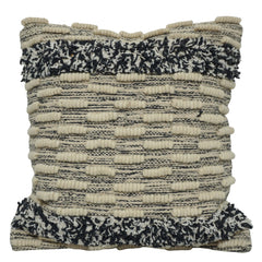 Handwoven Wool & Cotton Textured Cushion Cover 45x45 cm | Black & Ivory Boho Decorative Throw Pillow Cover | Artisan Woven Home Décor