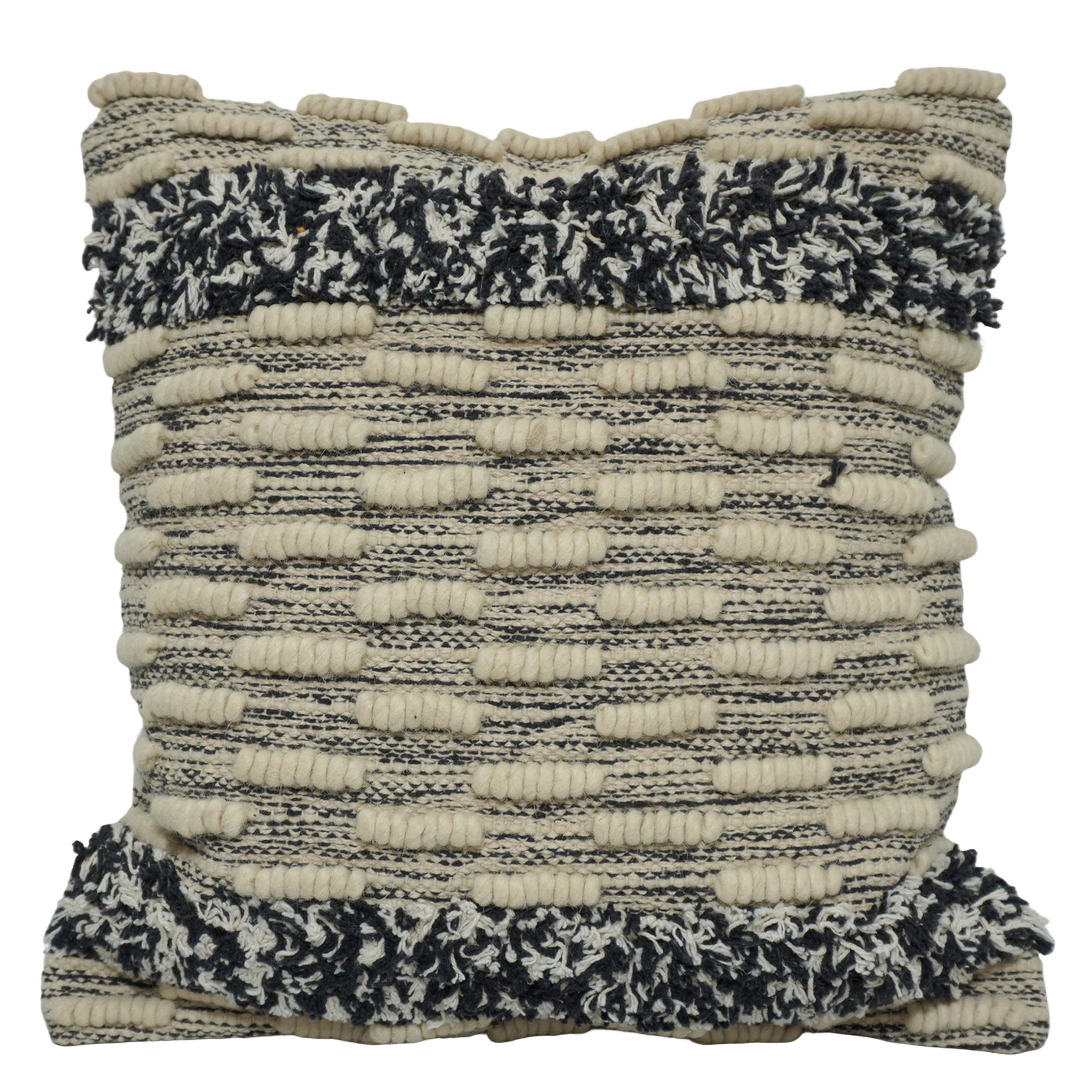Handwoven Wool & Cotton Textured Cushion Cover 45x45 cm | Black & Ivory Boho Decorative Throw Pillow Cover | Artisan Woven Home Décor