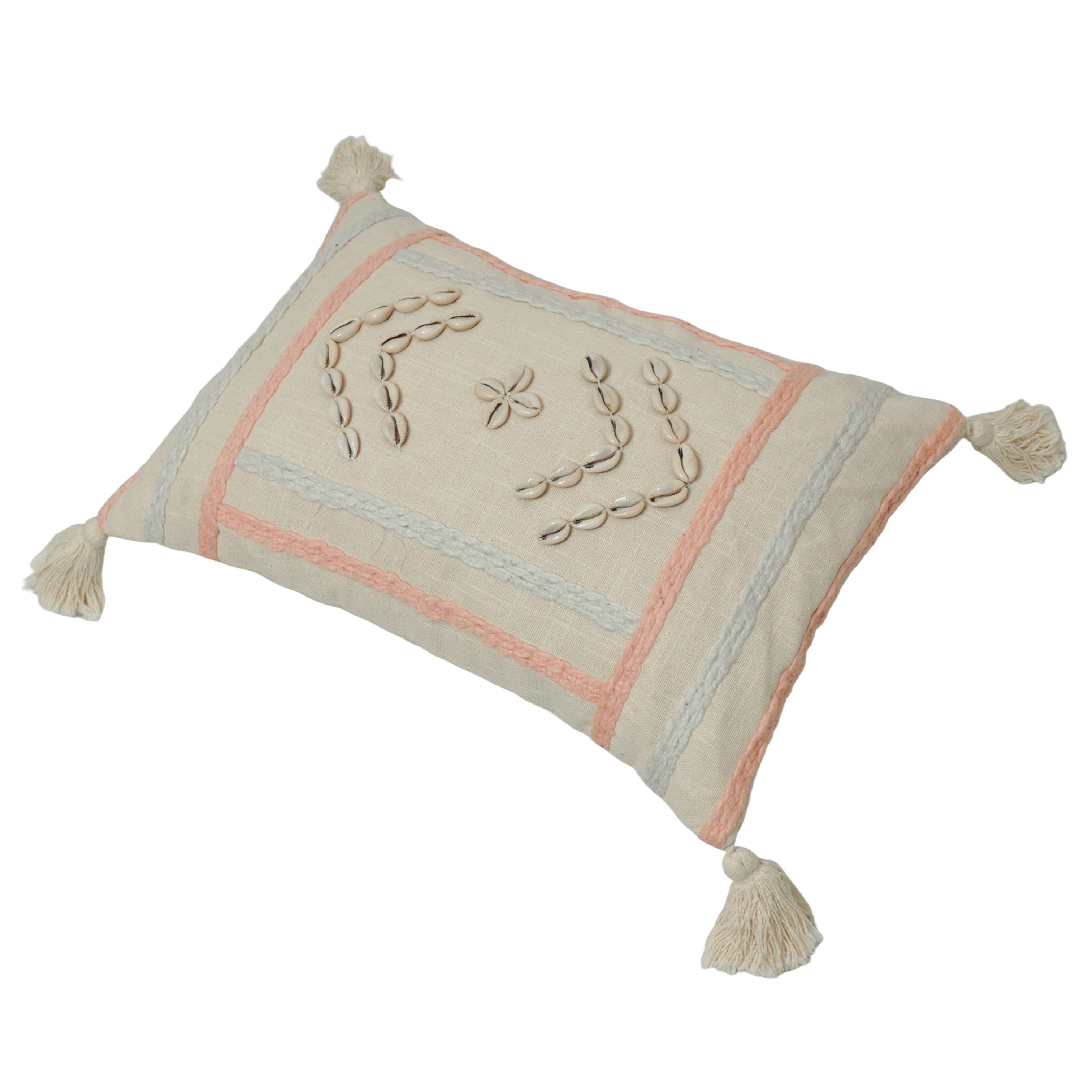 Handcrafted Cotton Cushion Cover with Shell Embellishments & Tassels | Decorative Lumbar Cushion Cover | 35 x 50 cm | Hidden Zipper