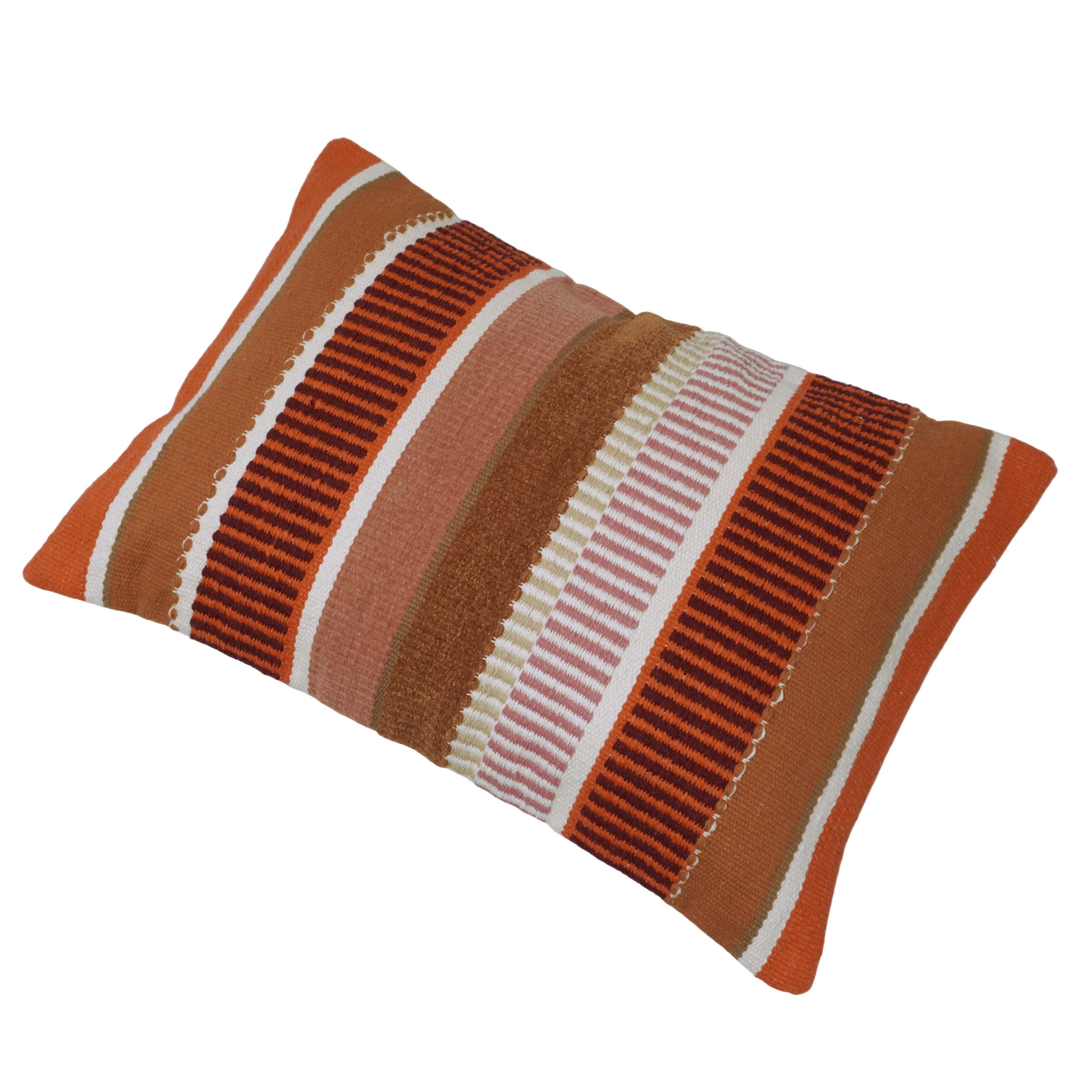 Handwoven Cotton Cushion Cover 35 x 50 cm – Rust & Terracotta Striped Textured Design