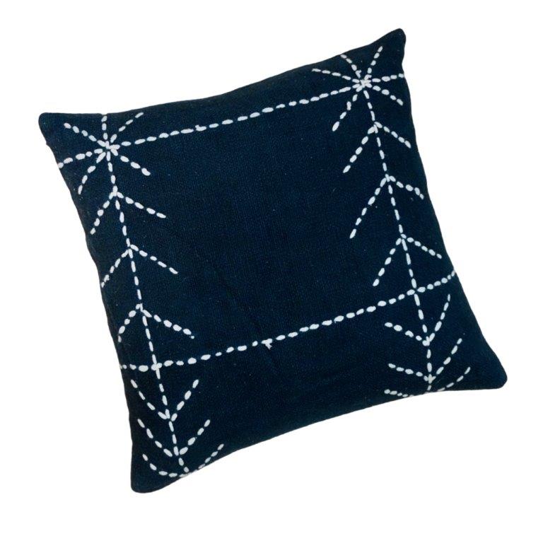 Hand Embroidered Cotton Cushion Cover 45x45 cm | Geometric Stitch Design | Navy Blue Decorative Pillow Cover - Bulk manufacturer & supplier from Panipat, India