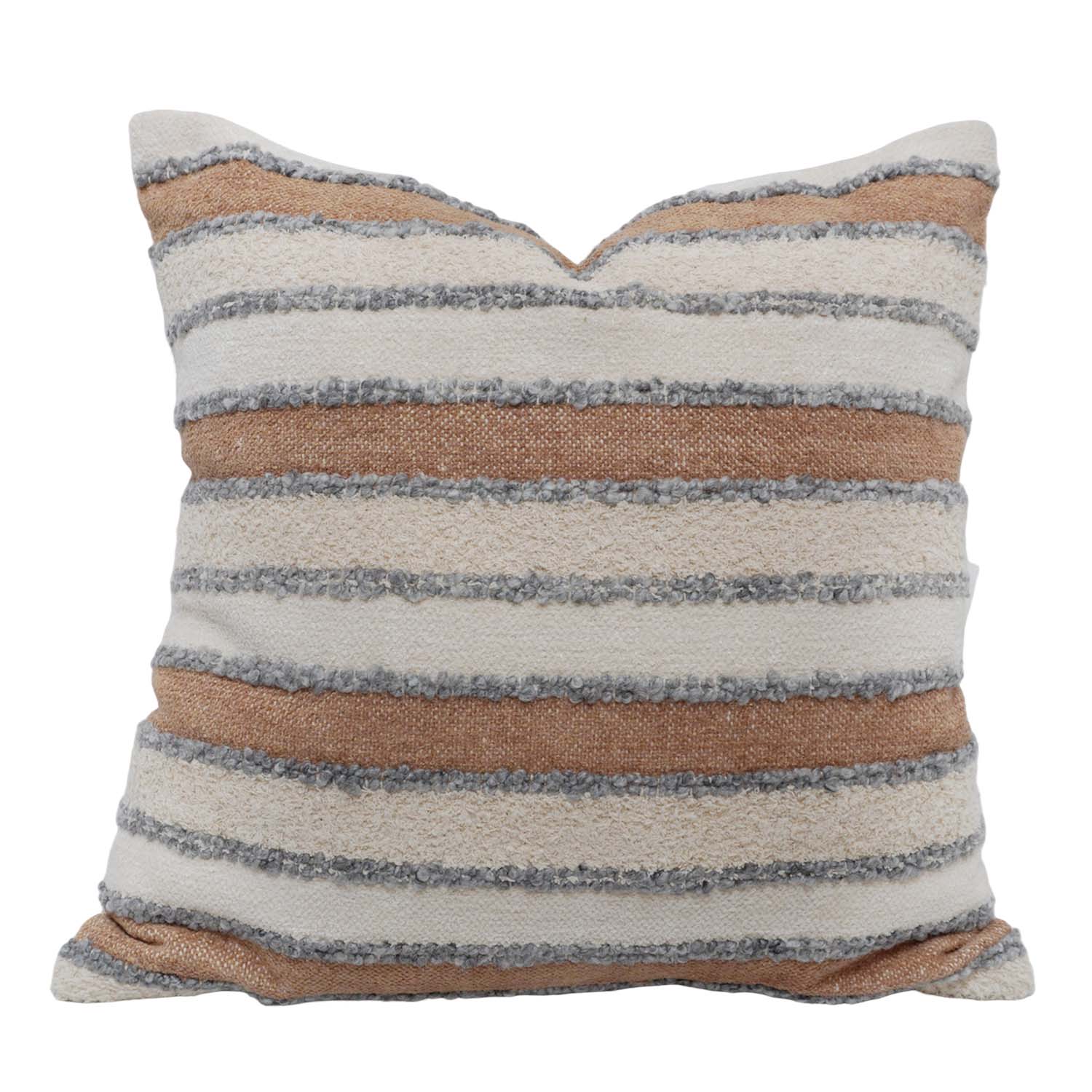 Handwoven Cotton Striped Cushion Cover 45x45 cm | Textured Tufted Boho Throw Pillow Cover | Neutral Beige, Ivory & Grey Decorative Cushion Cover with Hidden Zipper