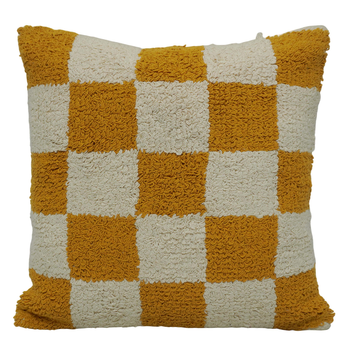 Machine Tufted Cotton Cushion Cover 45x45 cm – Mustard & Ivory Checkered Textured Design